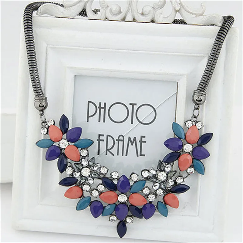 Многоцветный Exaggerated Acrylic Crystal Choker Necklaces Elegant Colorful Flowers Short Chain Statement Necklaces& Pendants Women Gifts - Окраска металла: Многоцветный