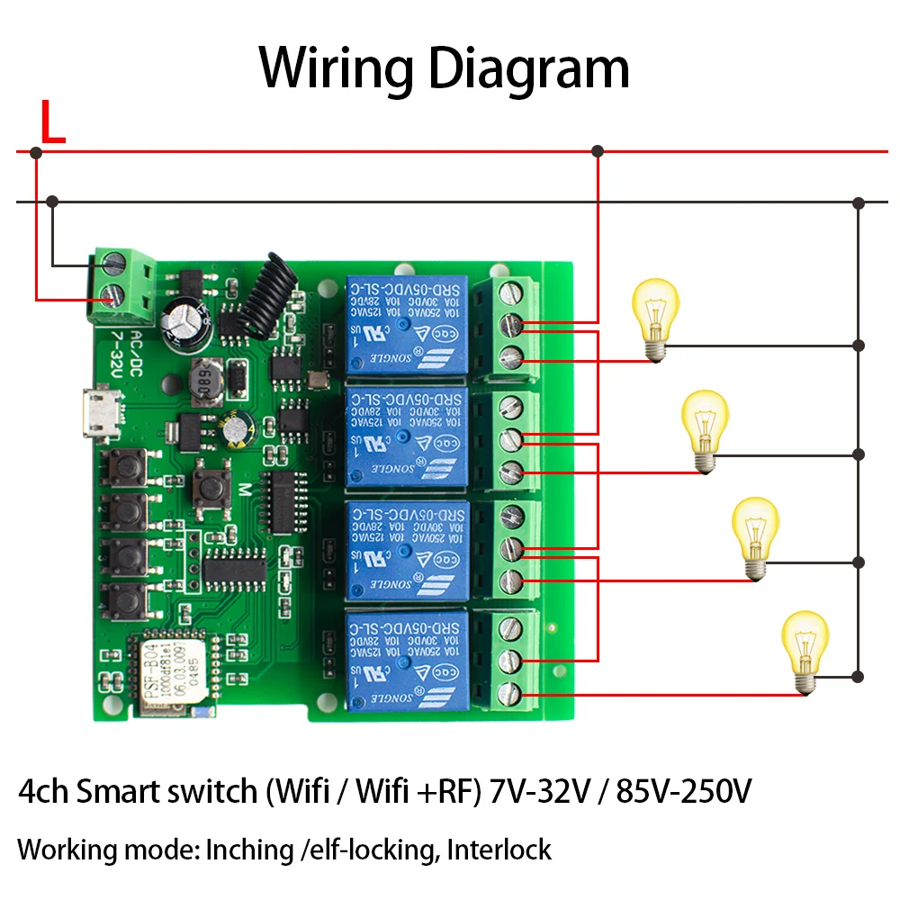 Ewelink WiFi RF Switch Module DC12V 24V AC 110V 220V Wireless Relay Smart Home Remote Control 4 Channel Alexa Googole Home wifi rf switch module