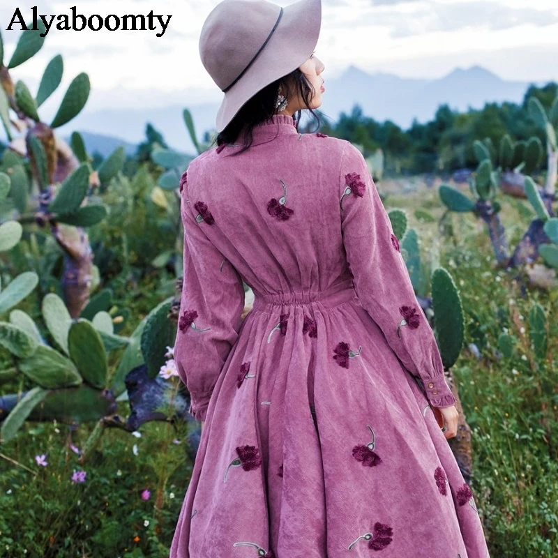 Япония Мори девушка осень весна женское Макси длинное платье стоячий воротник Цветочная вышивка Vestidos Longo элегантное вельветовое винтажное платье