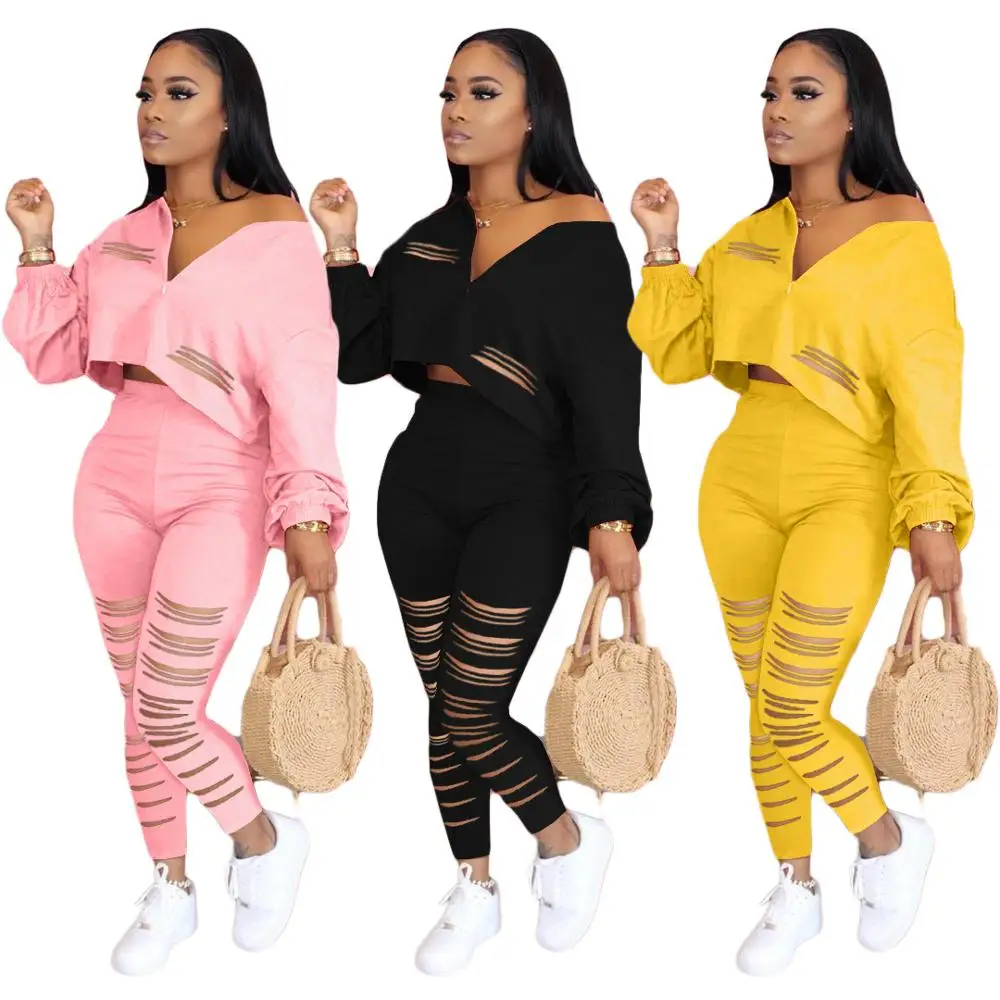 Adogirl Fashion Solid Women Set Hole Hollow Out Tracksuits Long Sleeve Zipper Top Jogger Pants Draped Two Pieces Set Outfits