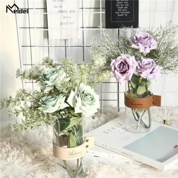 Meldel White Pink Rose Artificial Flowers Branch Long Stem Silk Roses for Wedding Decor Home Table Vase Accessories Fake Flowers