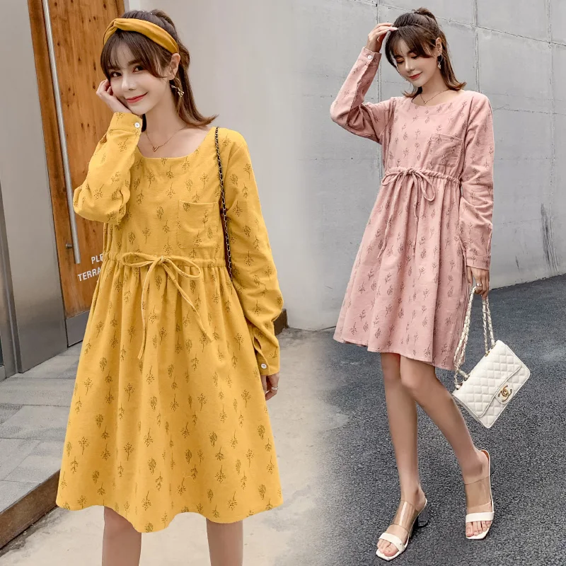 

871# Autumn Korean Fashion Maternity Dress Printed Linen Drawstring Waist Slim Clothes for Pregnant Women Fall Pregnancy Dress