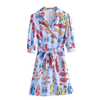 

Women Stylish Animal Pattern Mini Dress Three Quarter Sleeve Bow Tie Sashes Female Casual Stylish Dresses Vestidos