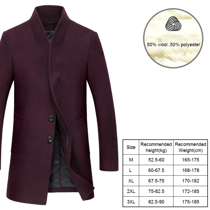 wine red New Men's Woollen Overcoat Winter Male High Quality Business Casual Wool Pea Coats Men brand clothing Casaco Masculino BG1681 - Цвет: wine red