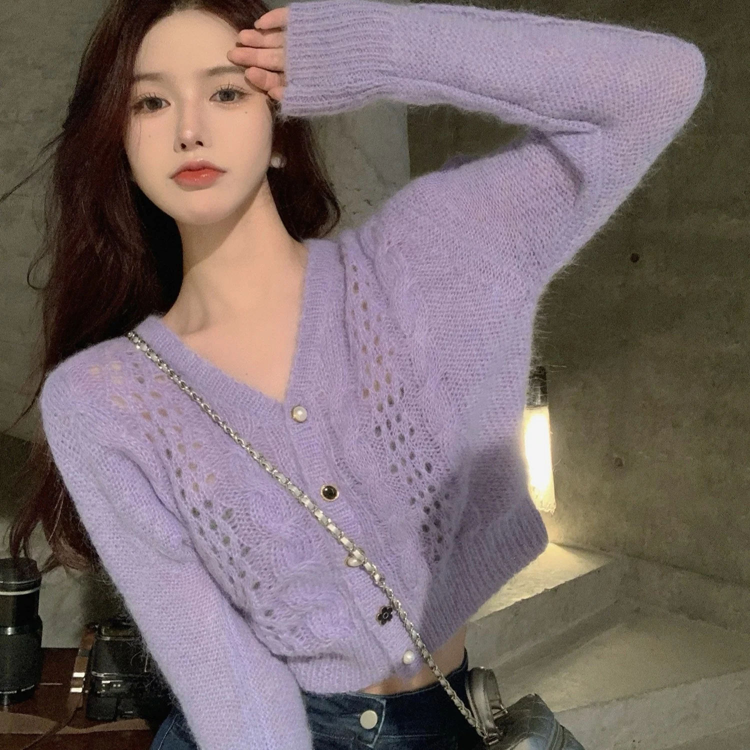 V-neck Hollow Out Knitted Cardigan Women's Loose Lazy Style Short Long Sleeve Sweater Autumn Winter Temperament Top Z2618 | Женская