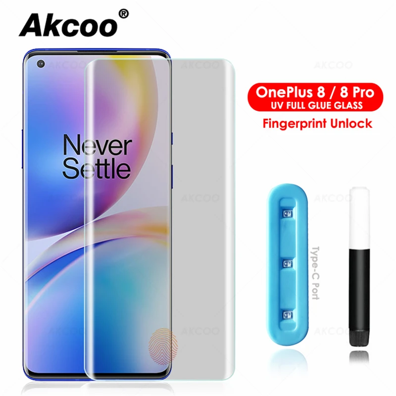 Защитное стекло Akcoo для OnePlus 8 Pro закаленное УФ с полным покрытием 7T разблокировка