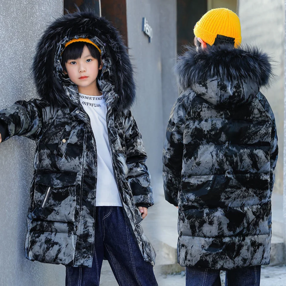 -30 Degree Russian Winter Coats Girls Boys Hooded Parkas Coat Solid Color Fur Collar Children Mid-length Style Cotton Clothes | Мать и