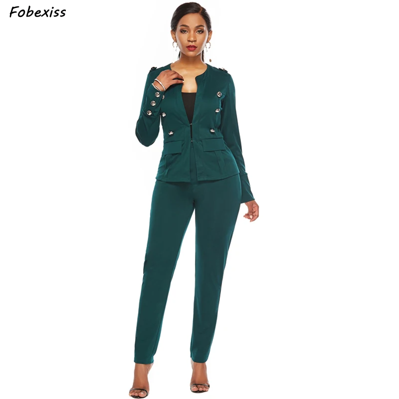 

Pantsuit Women Fall 2019 Long Sleeve Beading Button Pocket Plus Size Blazers Sets Office Lady Elegant Black Trouser Suits Women