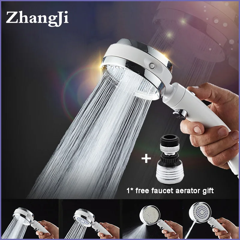 

ZhangJi New 4 Functions Shower Head Rotating Switch Modes with Stop Button Silicone Hole Anti-clogged Fashion Spray Nozzle