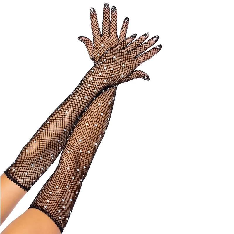 Stretch Rhinestones Mesh Long Gloves Flash Diamond See-through Mesh Full Finger Gloves Dancer Singer Nightclub Stage Accessories