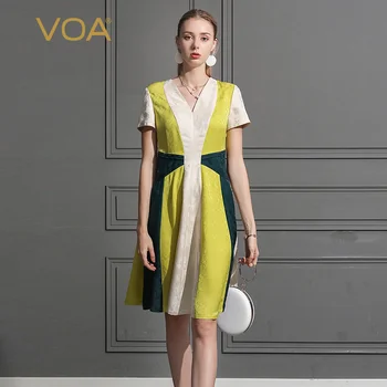 

VOA Yellow Jacquard V-neck Contrasting Color Stitching Waist Hugging Slim Commuter Silk Midi Princess Dress A850