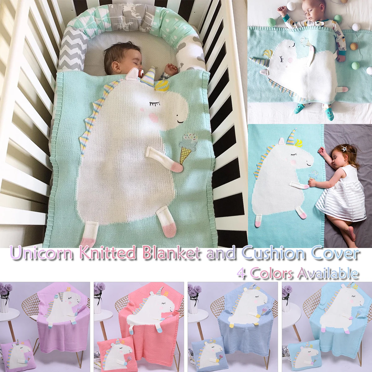 

Knitted Unicorn Cushion Napping Pillow Cover Baby Blanket Kids Unicorn Hand-knitted Cotton Napping Blanket D20