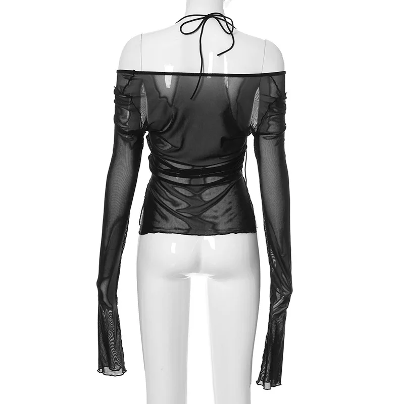 Goth Dark Y2k Punk Mesh See Through T-shirts Women Cyber Sexy Summer Halter Tops Lace Up Techwear Black Patchwork Split Clothes