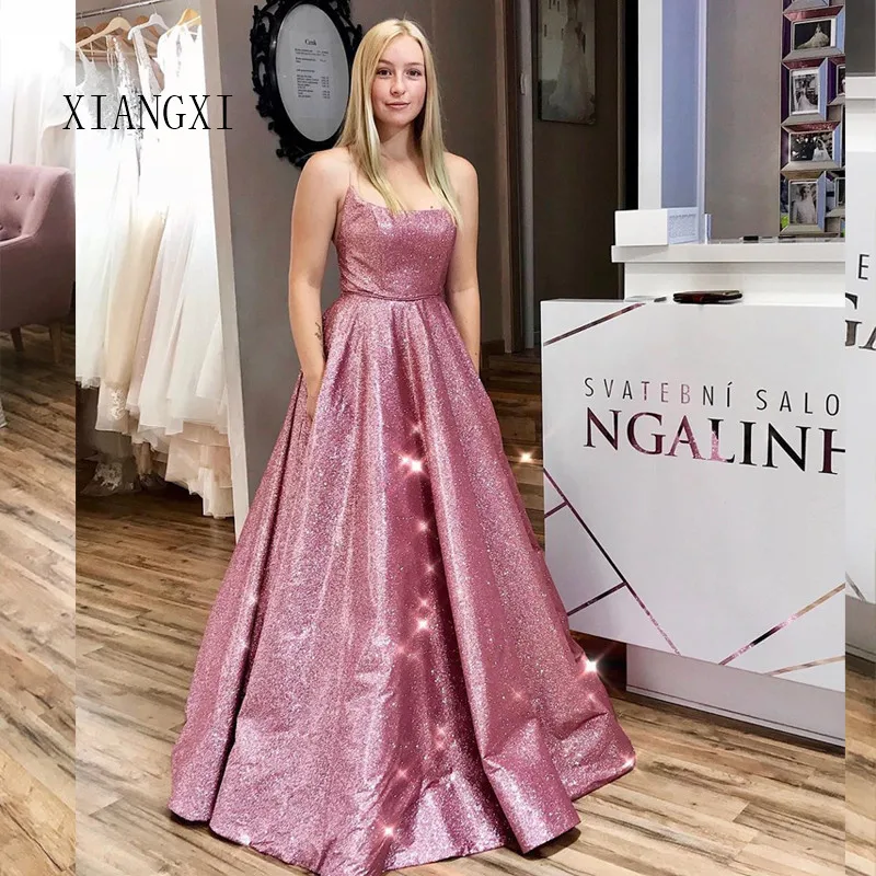 

Pink Evening Dresses Long Shining A-Line Spaghetti Strap Floor Length Evening Dress Backless Formal Party Dress Vestido de fest
