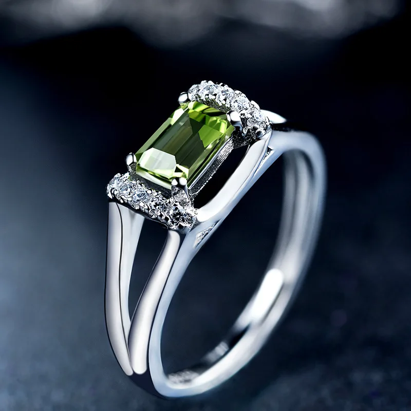 green Кольцо из Bague Ringen серебра 925 пробы с 6*4 мм натуральным Rectange Перидот драгоценным камнем для помолвки, свадебной вечеринки, подарок - Цвет камня: green