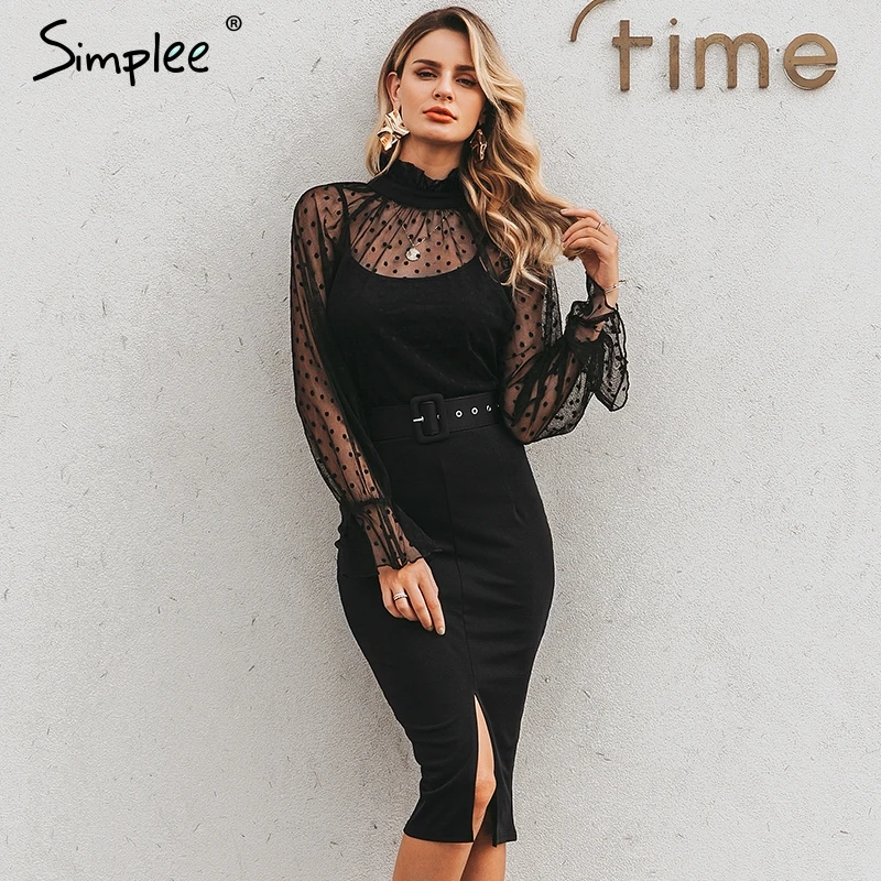 Cena Simplee seksowna pasiasta koronkowa sukienka dla kobiet czarny w kropki pas dopasowana sukienka na imprezę bufiaste rękawy jesienno zimowa sukienka biurowa, damska