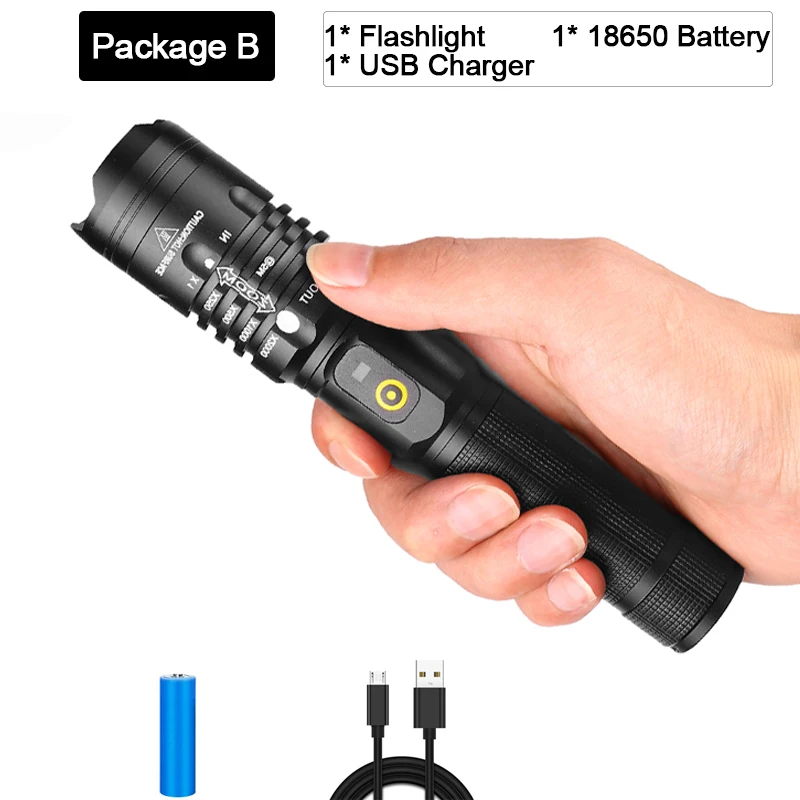 Package B Мощный фонарик с подзарядкой от USB светодиодный фонарь Zoom XHP50.2 светодиодный фонарь Водонепроницаемый фонарь с аккумулятором 18650 USB кабель - Испускаемый цвет: Package B