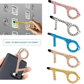 

Touch Screen Buttons Zinc Alloy Diamond EDC Door Opener Hygiene Hand Antimicrobial Contactless Portable Door Opener Keychain