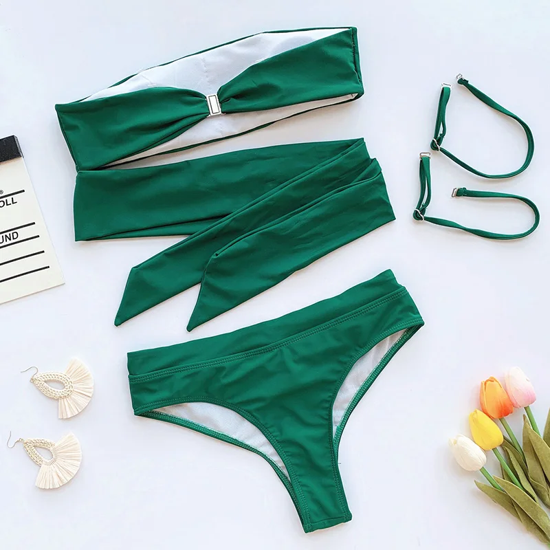 Solid Cross Bandage Bikini Swimwear Women Knotted Bathing Suit Female Tie-waist Swimsuit High Cut Beachwear Two Kinds Of Wearing Solid Cross Bandage Bikini Swimwear Women Knotted Bathing Suit Female Tie-waist Swimsuit High Cut Beachwear Two Kinds Of Wearing