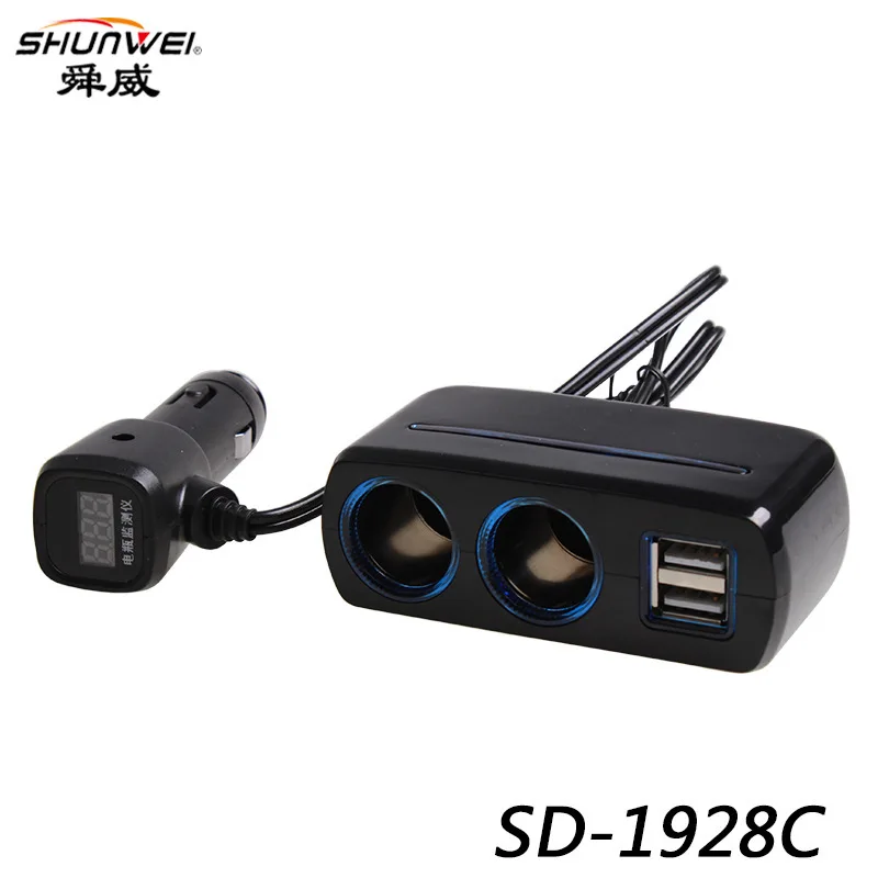 Shunwei с детектором напряжения двойной USB один разделен на два прикуривателя один плюс два автомобильного зарядного устройства Sd-1928c