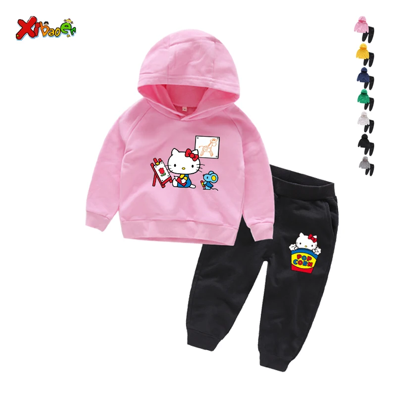 Новинка, с принтом «hello kitty» на весну и Костюмы с персонажами из мультфильмов для мальчиков Повседневное хлопковая футболка с коротким рукавом, одежда, штаны 2 шт./компл. Одежда для маленьких детей комплект одежды для детей, спортивный костюм - Цвет: Kids Clothes Set