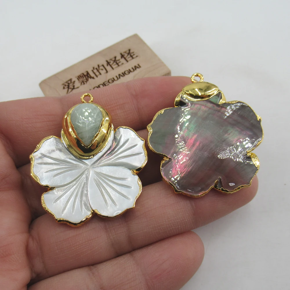 APDGG 1PC Natural Carved White Shell Flower Amazonite Pendant Charm Electroplated woman fashion Jewelry