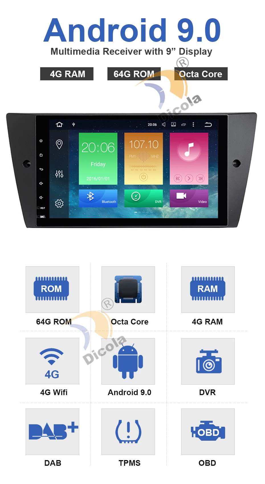 Top 4G+64G PX5 Octa Core 1 Din Car Multimedia Player GPS Android 9 For BMW/320/328/3 Series E90/E91/E92/E93 DVD Player Radio FM 3