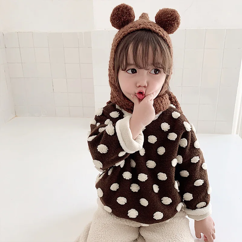 Children Knitted Hat Autumn and Winter Toddler Girl Neck Ear Protection One Baby Winter Warm Wind Hat Small Ball Baby Girl Cap