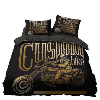 

Black Golden Skull Motorcycle Bedding Set Gift Bedroom Decor Microfiber Soft Hypoallergenic Zipper 1PC Duvet Cover Pillowcases