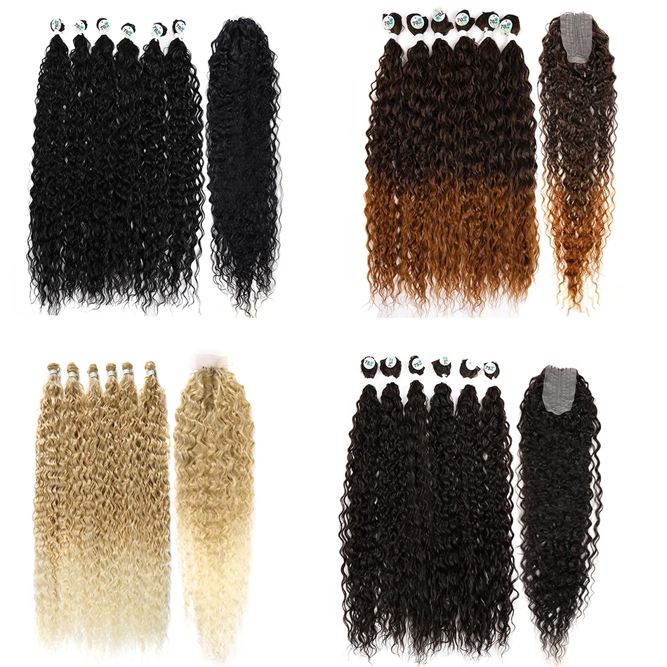 Kinky Curly Bundles With Closure Synthetic Organic Fake Hair Extensions Anjo Plus Deep Wave 32Inch Super Long Weave Afro Curls