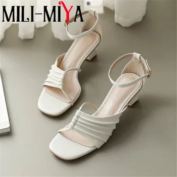 

MILI-MIYA New Arrival Fashion Women Full Genuine Leather Sandals Cover Heel Ankle Wrap Buckle Strap Solid Color Dress Summer