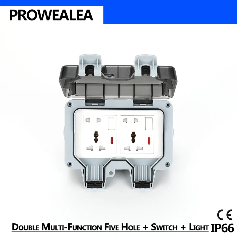 Weatherproof Socket IP66 Waterproof Socket Outdoor Wall Power Socket Double 5 Hole Switch Standard Electrical Outlet Grounded