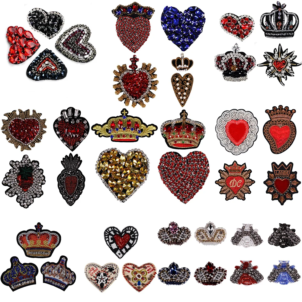 

Beaded Crystal Diamond Heart Crown Patches Strawberry Heart Badge Insect Embroidery Applique Sew on Embossed Clothes Craft