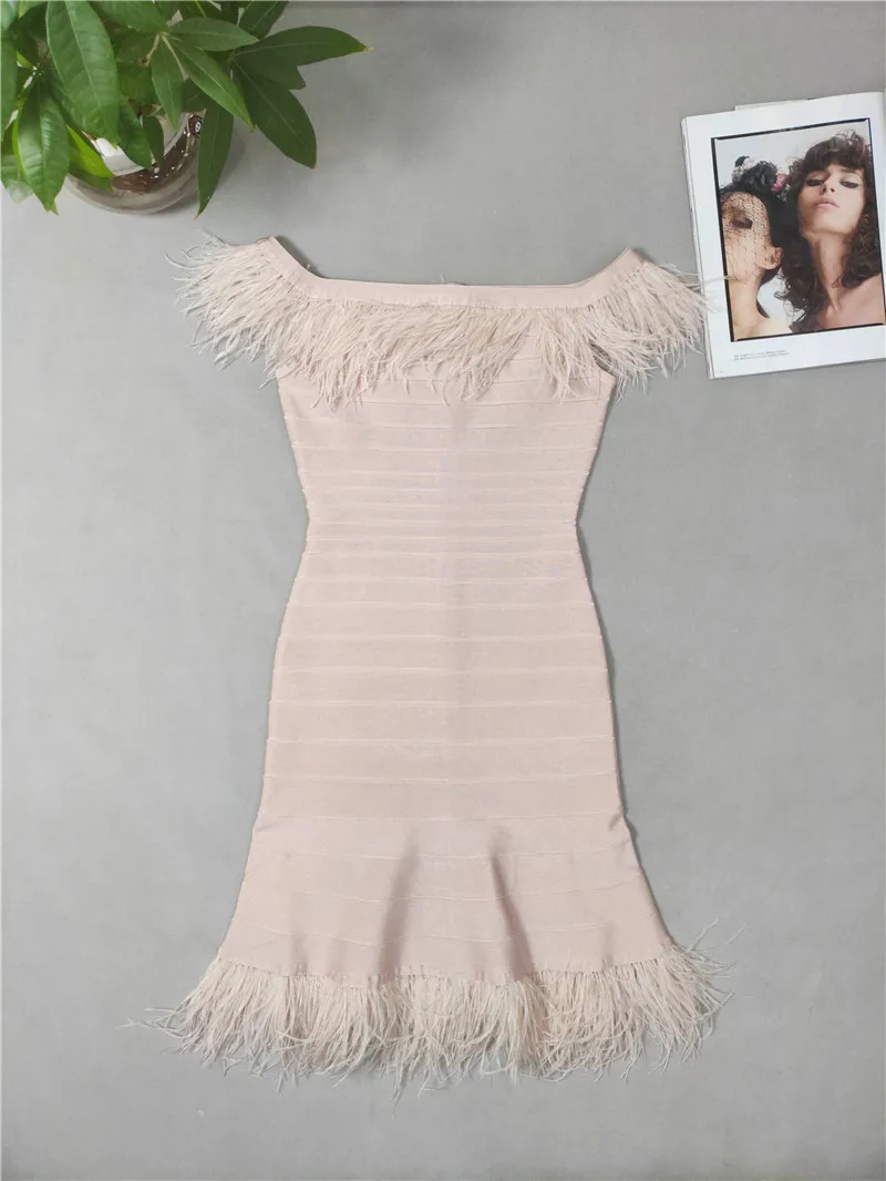 Высокое качество vestidos Slash шеи сексуальное 3 цвета мех Bodycon знаменитый искуственный шелк женское Бандажное платье для ночного клуба вечерние платья