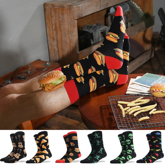 Calcetines largos de algodón para hombre, calcetín de Skateboard,  divertido, diario, dibujos animados, cohete, hamburguesa, comida, EU 37-42  - AliExpress