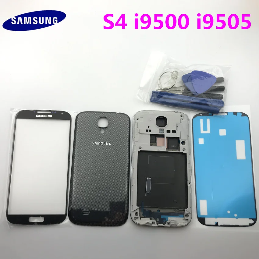Полный комплект корпуса для samsung Galaxy S4 i9500 i9505 передняя рамка+ средняя рамка+ задняя крышка батареи+ кнопка Home 4 в 1+ Инструменты
