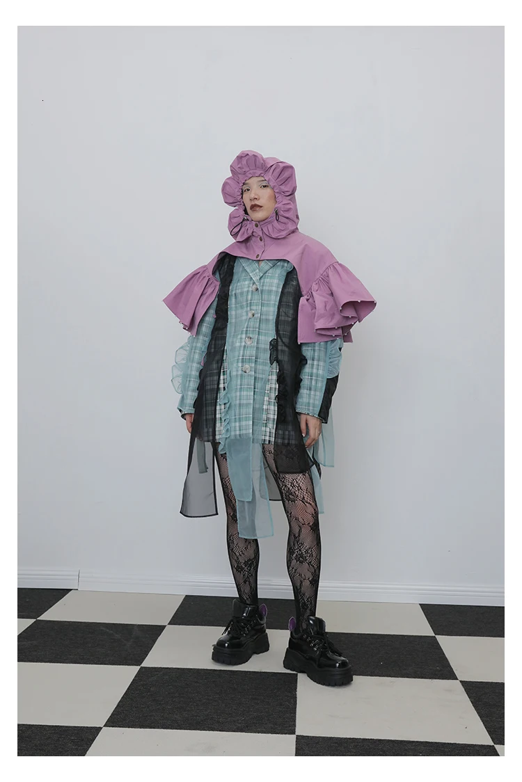[EAM] Women Ruffles Split Joint Pleated Nailed Purple Pashmina New Long Personality Fashion Tide Autumn Winter 1H265