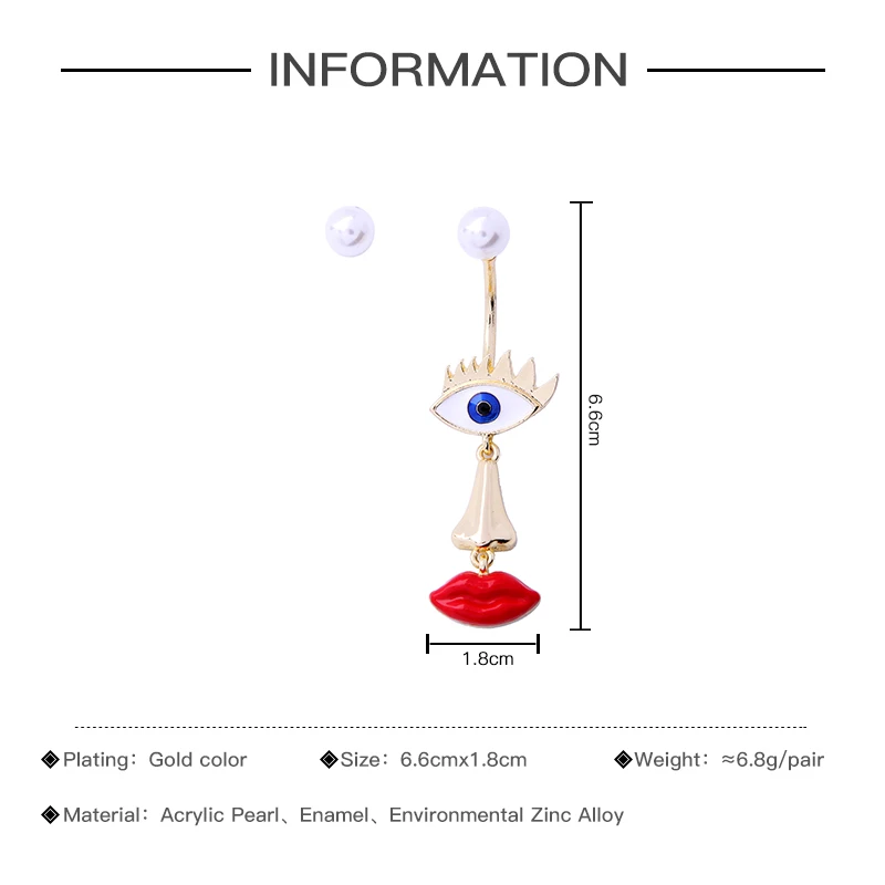 BALANBIU, асимметричные серьги-гвоздики с эмалью от сглаза для женщин, подарки, гипербола, лицо, нос, красные губы, акриловые жемчужины, новые модные ювелирные изделия