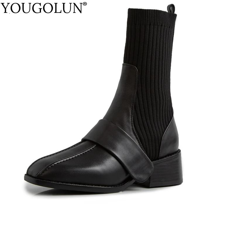 

Cow Leather Ankle Boots New 2019 Women Autumn Winter Ladies Shoes Fashion High Heels C170 Woman Black Wine Red Square Toe Boots