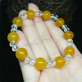 

Natural 12MM jade Bracelet gemstone White crystal ball yellow round beads