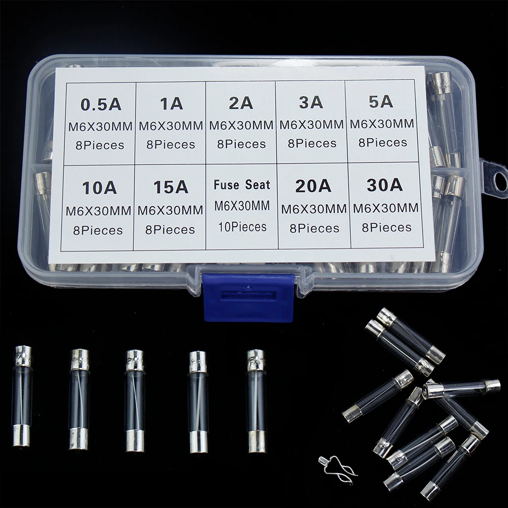 

82/100pcs Fast-blow Glass Tube Fuses Household Fuses Assorted Kit with box fuse seat 5*20mm 6*30mm 0.5A-30A