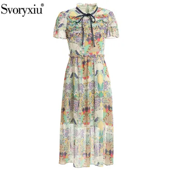 

Svoryixu Runway Designer Summer Holiday Long Dress Women's Fashion Stand Collar Short Sleeve Pattern Print High Waist Dress