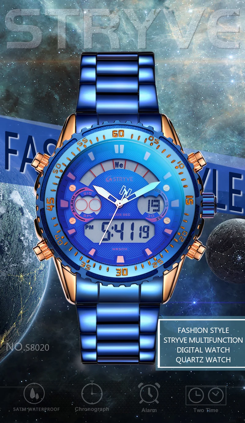 2020 New Stryve 8020 Luxury Men Watch Stainless Steel Military Dual Display Waterproof Quartz Digital Sports Watch reloj hombre