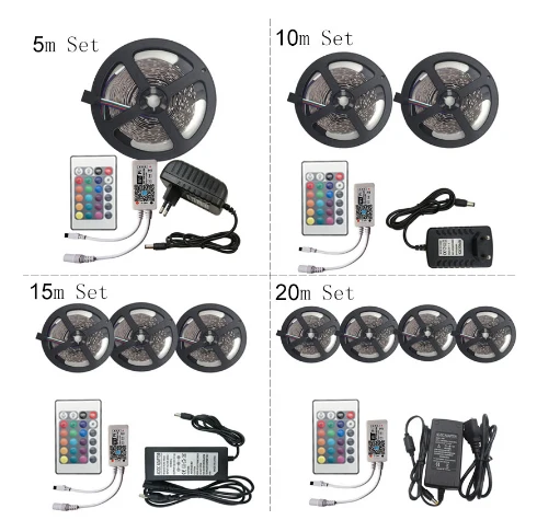 Светодиодные ленты светильник 2835 SMD RGB ремень 5, 10 м, 15 м, 20 м DC12V 3528 RGB Светодиодные ленты светильник ремень Диод+ 24-кнопочный пульт+ адаптер для розеток европейского стандарта
