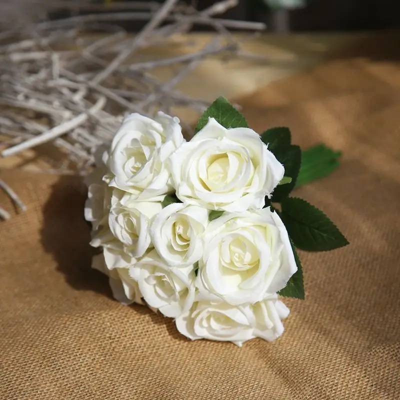 9 cabezas/ramo atado a mano ramo Rosa dama de honor boda flores de seda Rosa ramo de novia cinta falso ramo de boda - Цвет: H