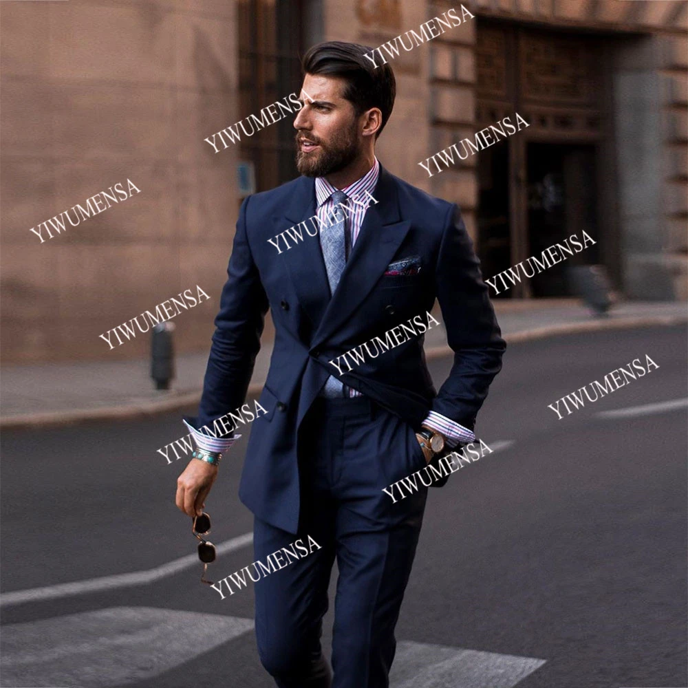 Spring/Autumn Pinstripe Navy Business Men Suits Custom Made Doubel Breasted Jacket With Pants Formal 2 Pieces Set Blazer Tuxedos blazers