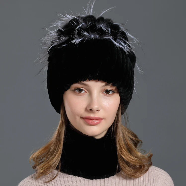 Black Шапки из натурального меха кролика Рекс, набор колец для шеи, вязаная шапка из натурального меха лисы, женские зимние комплекты из натурального меха, шарфы, шапочки - Цвет: Black