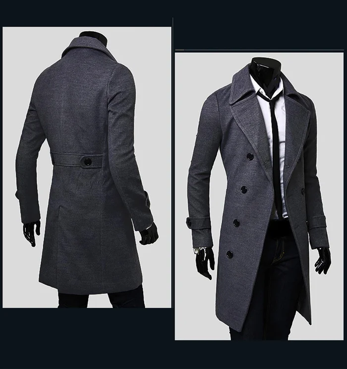 Long Slim Men Wool Trench Coat Double-breasted Lapel Windbreaker Male Fashion Autumn Winter Coat Long Design Trench Male