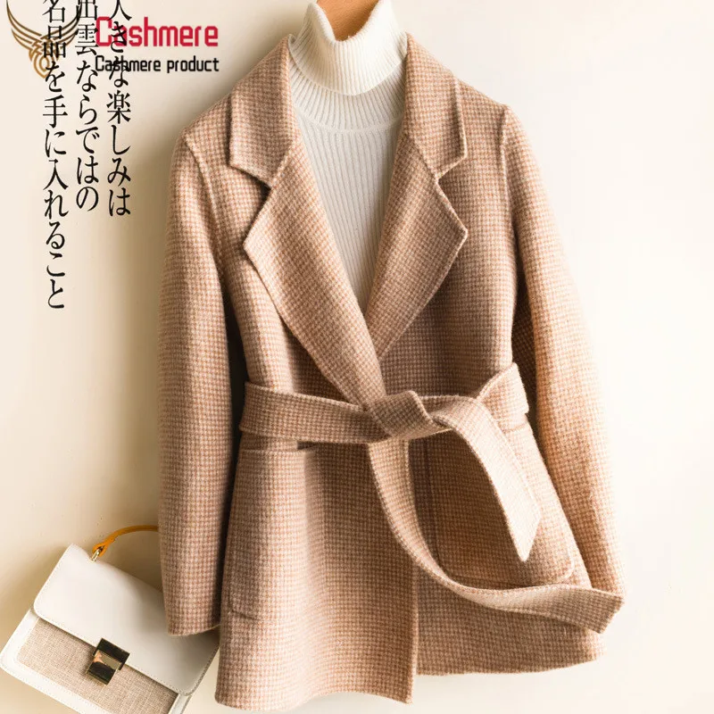 houndstooth camel Осеннее и зимнее Новое клетчатое двустороннее шерстяное пальто чистая шерсть Короткое шерстяное пальто женский костюм с воротником красное пальто для путешествий - Цвет: houndstooth camel