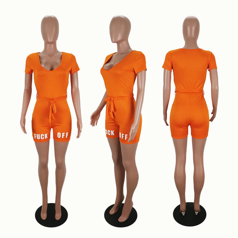 ANJAMANOR Ribbed Knit Letter Print Casual Rompers Womens Jumpsuit Summer 2020 Orange Black Sexy Bodycon Playsuit D91-AC87